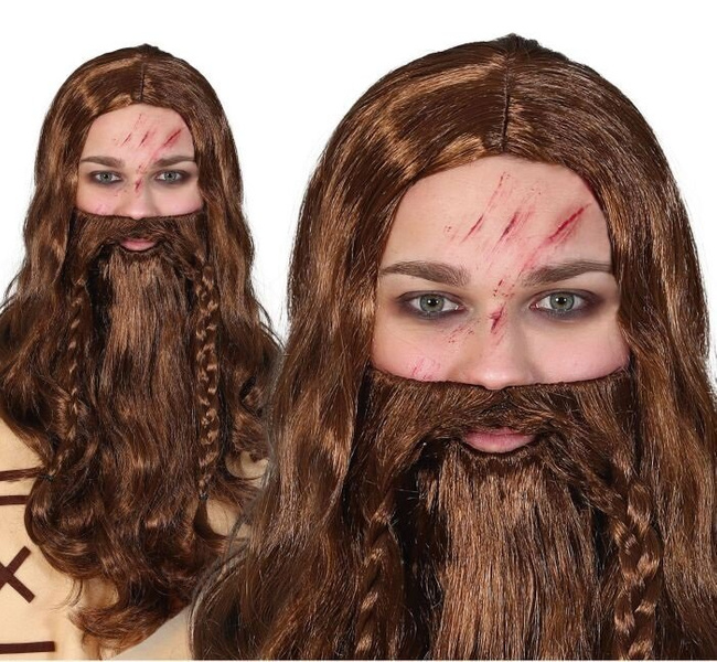 Peruka męska + Broda "Wiking" z warkoczami brązowa