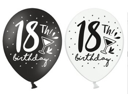 Balony 14" cyfra "18th birthday" czarne i białe 6 sztuk