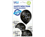 Balony 12" nadruk "Happy New Year" czarne, białe 6 sztuk