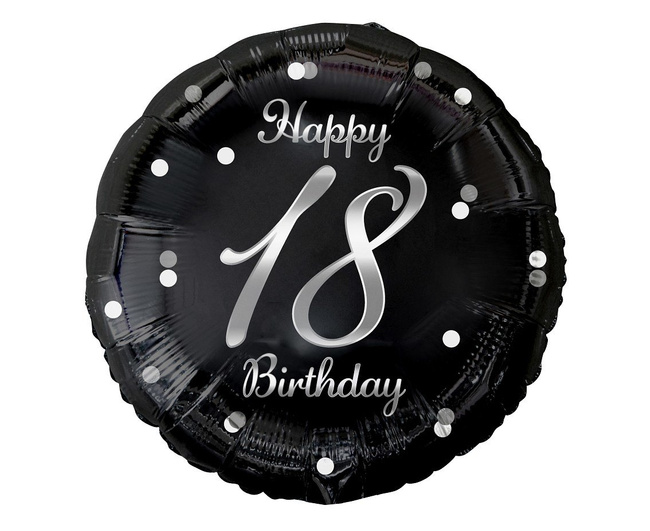 Balon foliowy 18" Urodzinowy numer 18 czarny w grochy