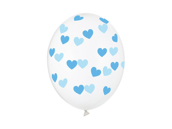 Balony 14'' nadruk "Serduszka" clear / niebieskie 6 sztuk