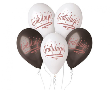 Balony 13" nadruk "Gratulacje" czarny/ biały 5 sztuk