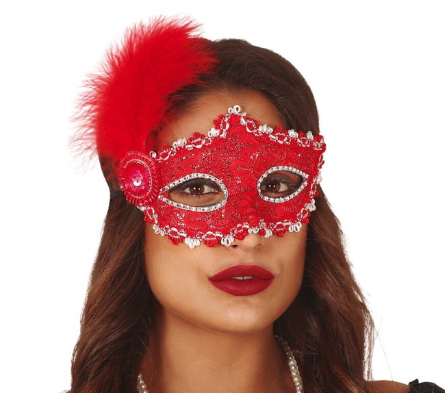 Maska karnawałowa "Koronka + pióra" czerwona