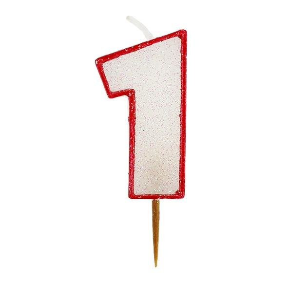 Świeczka cyferka 1 brokatowa z czerwonym konturem