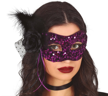 Maska karnawałowa "cekiny + kwiat" fioletowa