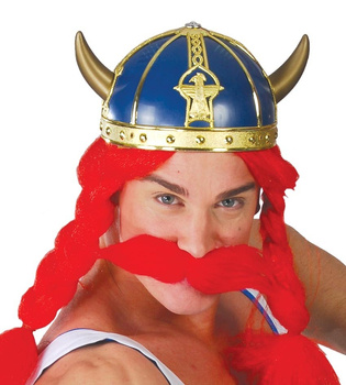 Akcesoria Wikinga - Hełm z rogami niebiesko-złoty