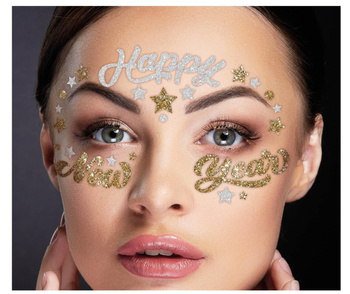 Naklejki na twarz HAPPY NEW YEAR złoto-srebrne z brokatem
