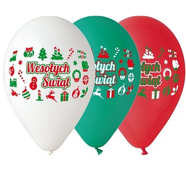 Balony 12" z nadrukiem "Świąteczne - Wesołych Świąt" 5 sztuk