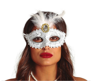 Maska karnawałowa "Koronka + pióra" biała