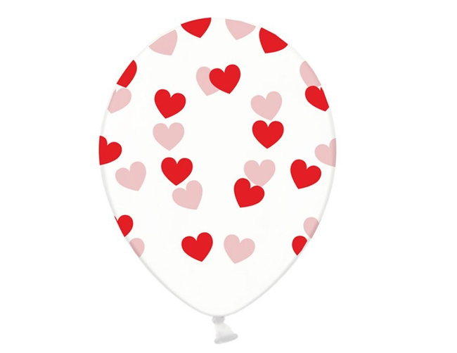 Balony 14'' nadruk "Serduszka" clear / czerwone 6 sztuk