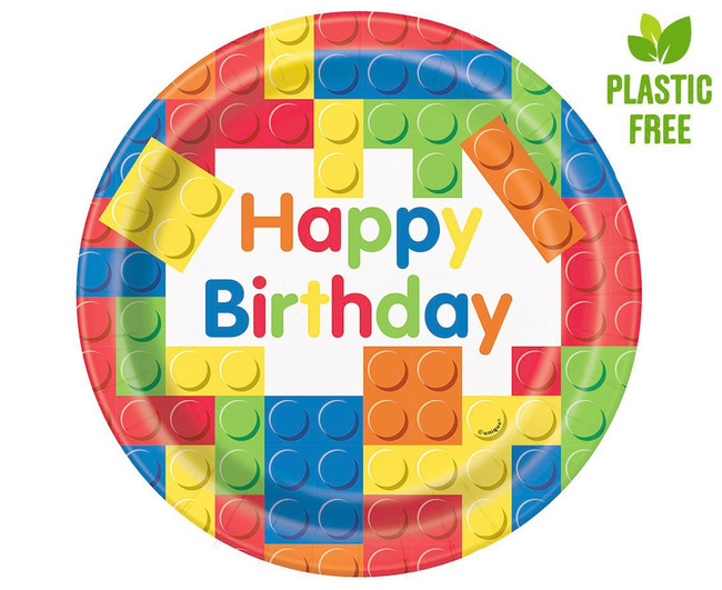Klocki - Talerzyki papierowe 23cm Happy Birthday 8 sztuk