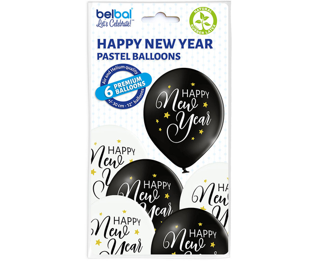 Balony 12" nadruk "Happy New Year" czarne, białe 6 sztuk