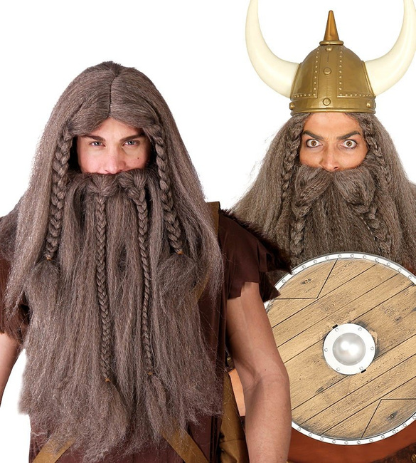 Peruka męska + Broda "Wiking" z warkoczami szara