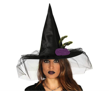 Kapelusz "Wiedźma" z fioletową różą i woalem
