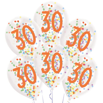 Urodzinowe konfetti - Balony 11'' przeźroczyste z konfetti numer 30 6 sztuk